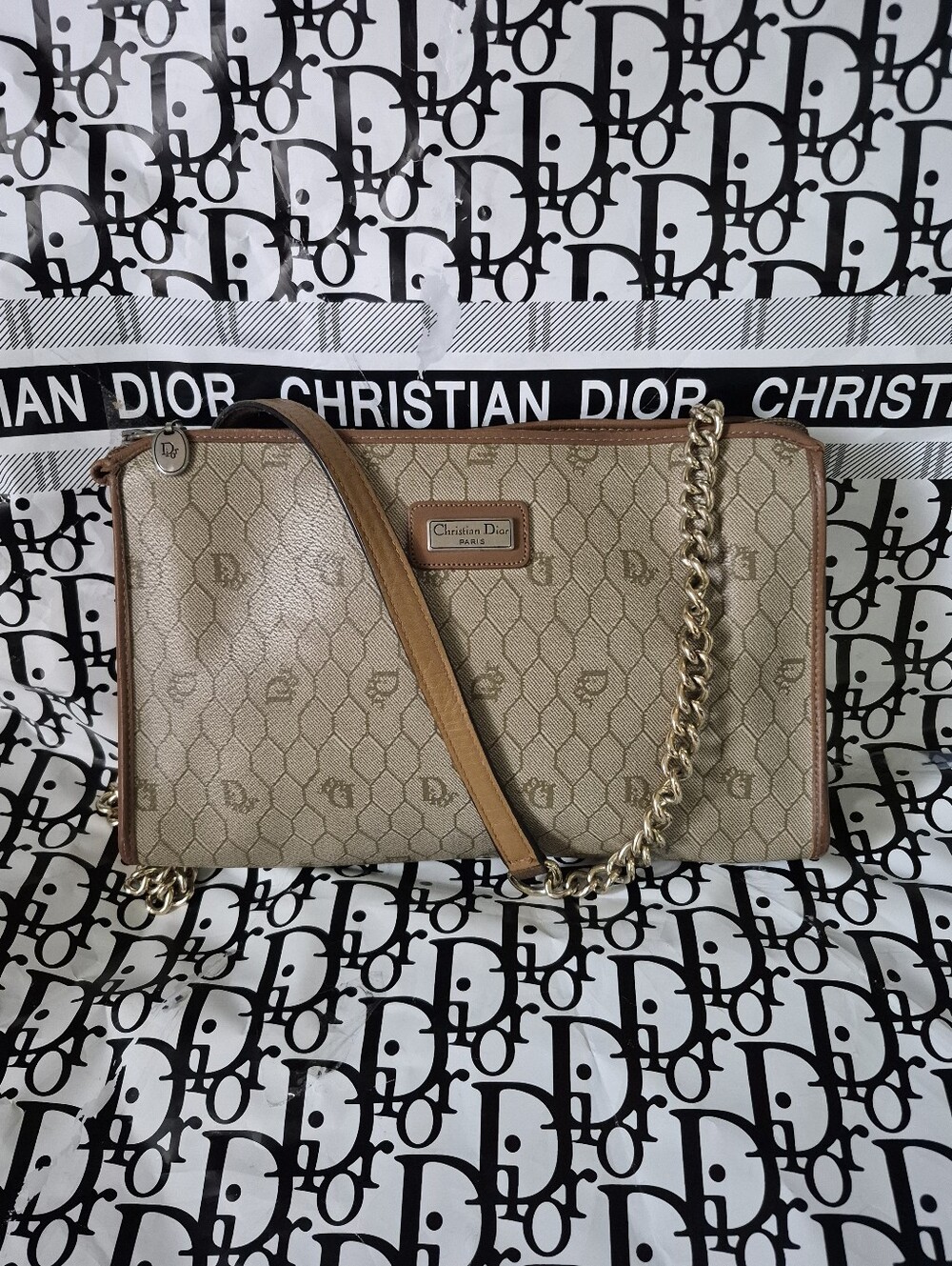 Authentic Vintage Dior Beige Monogram Crossbody with Brown Leather Trim